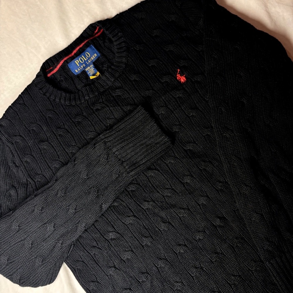 Polo Ralph Lauren Boys Black Cable Knit Cotton Sweater Size M 10-12 Red Pony